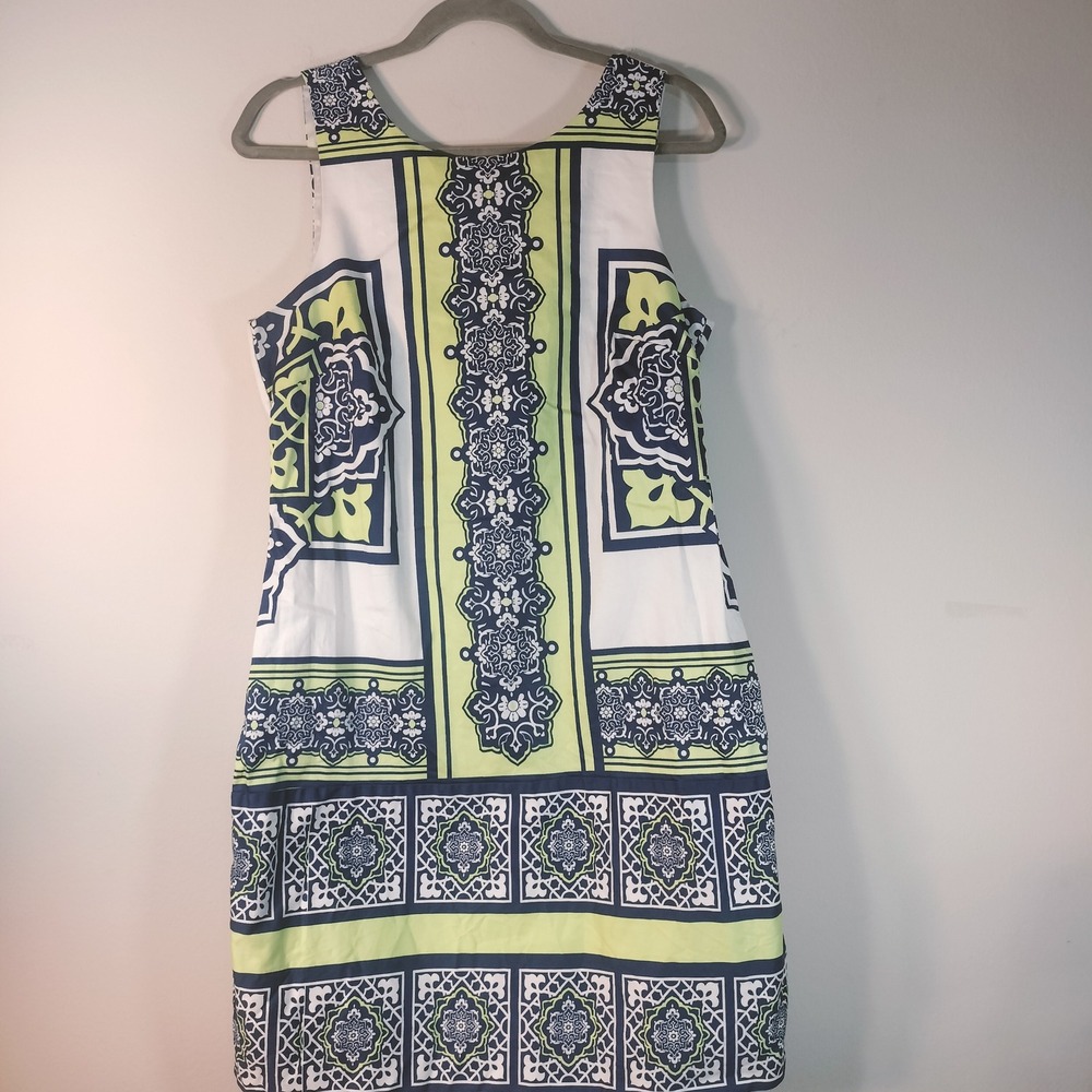 Bethany Womens Size 8 Blue Green Tile Print Sleeveless Back Cutout Shift Dress